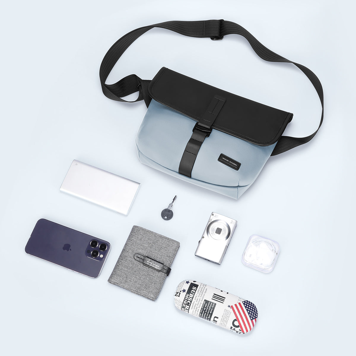 MarkRyden 2024 Voyageur Crossbody bag - light blue/black, adjustable strap, anti-theft design