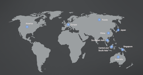 MarkRyden Global world map highlighting global distribution locations across Americas, Europe, Asia-Pacific