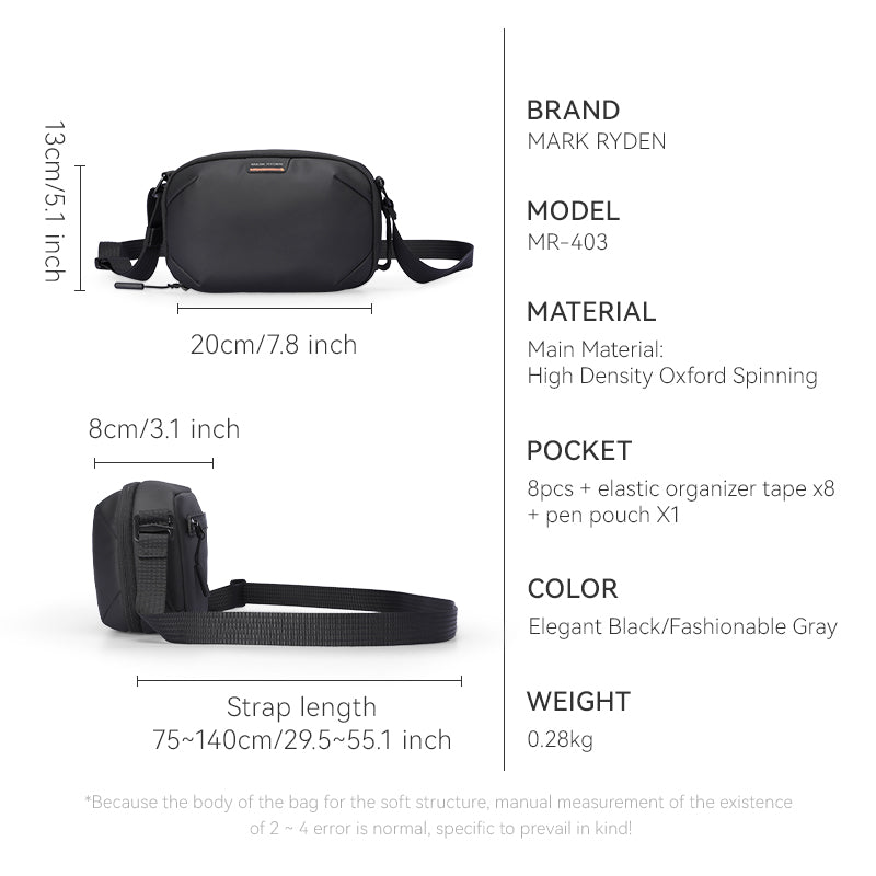 Mark Ryden Oxford Voyager bag in Elegant Black/Fashionable Gray, model MR-403, High Density Oxford Spinning material, 8 pockets, elastic organizer, pen pouch, dimensions 20cm x 13cm, strap 75-140cm