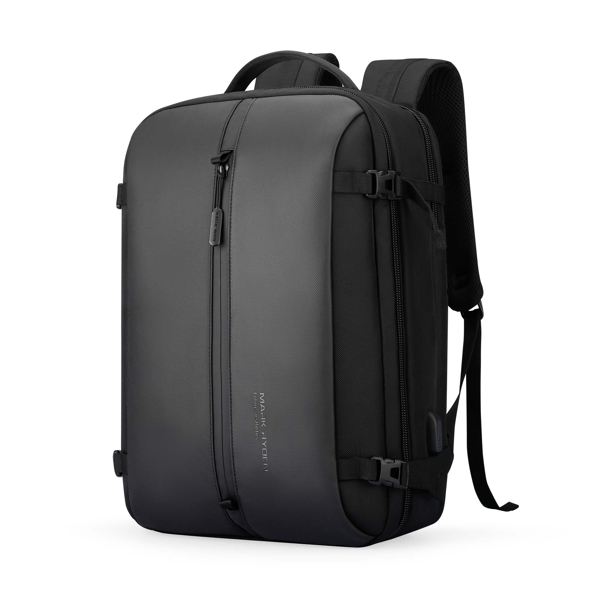 Dark gray and black compact high-capacity laptop backpack with smart USB port, multiple zippers, and padded straps by MARK RYDEN