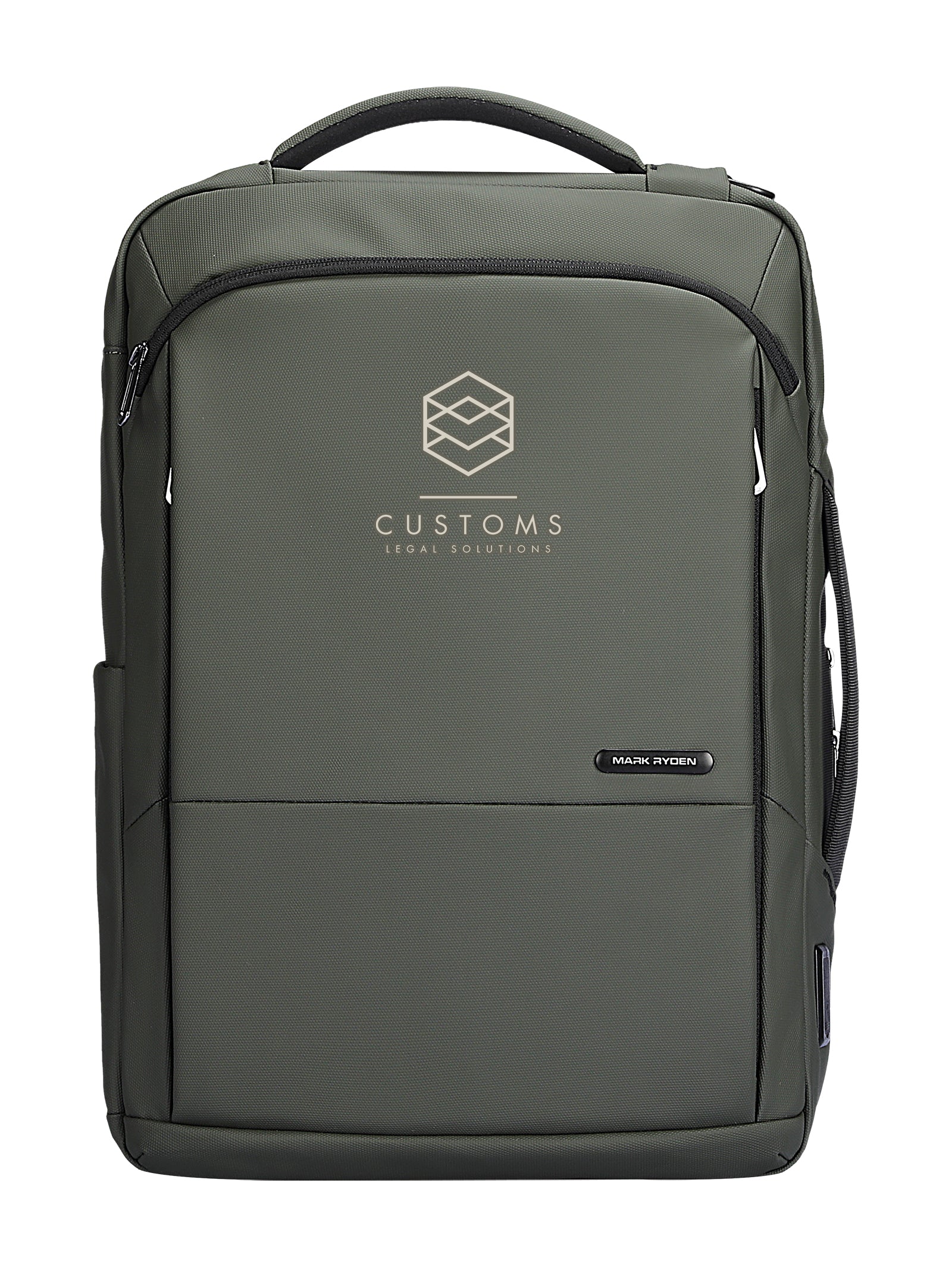 Gray Mark Ryden customized anti-theft backpack with 'Customs Legal Solutions' logo