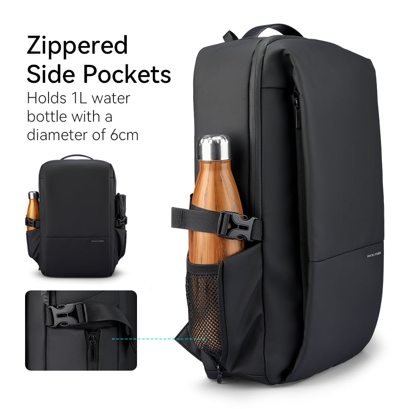Super Light black leather computer commuter backpack with zippered side pockets holding a wooden water bottle, multi-compartment and waterproof design.