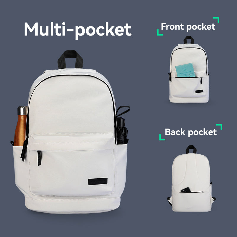 White DuoHuePack MarkRyden Daily Lightweight School Backpack with multi-pocket design: front pocket holding notebook, back pocket with phone, side pocket containing water bottle, black straps and zippers.