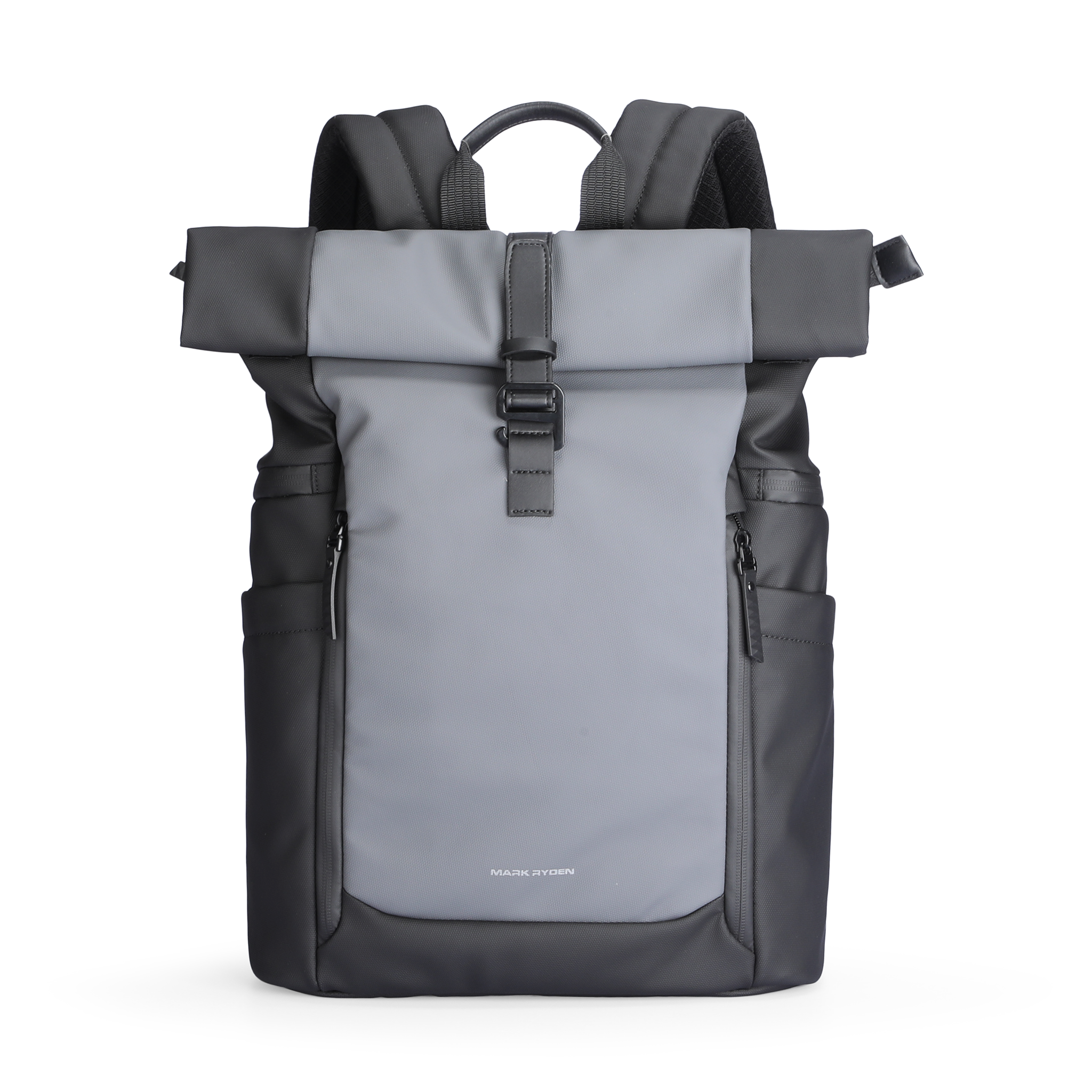 Gray and black sleek multi-compartment laptop backpack with roll-top closure, buckle, side zip pockets, and dynamic design by MARK RYDEN