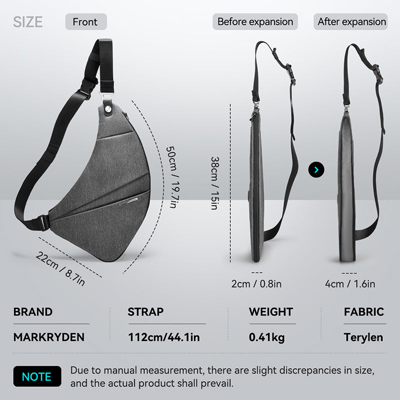 MARK RYDEN ChestFlex: Gray expandable urban chest bag with Terylen fabric, front view showing 50cm x 22cm dimensions, before/after expansion, 112cm strap, 0.41kg weight.