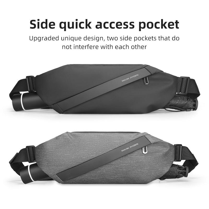 Two Mark Ryden UrbanStride satchel crossbody bags in black and gray, featuring side quick access pockets with upgraded design that don’t interfere.