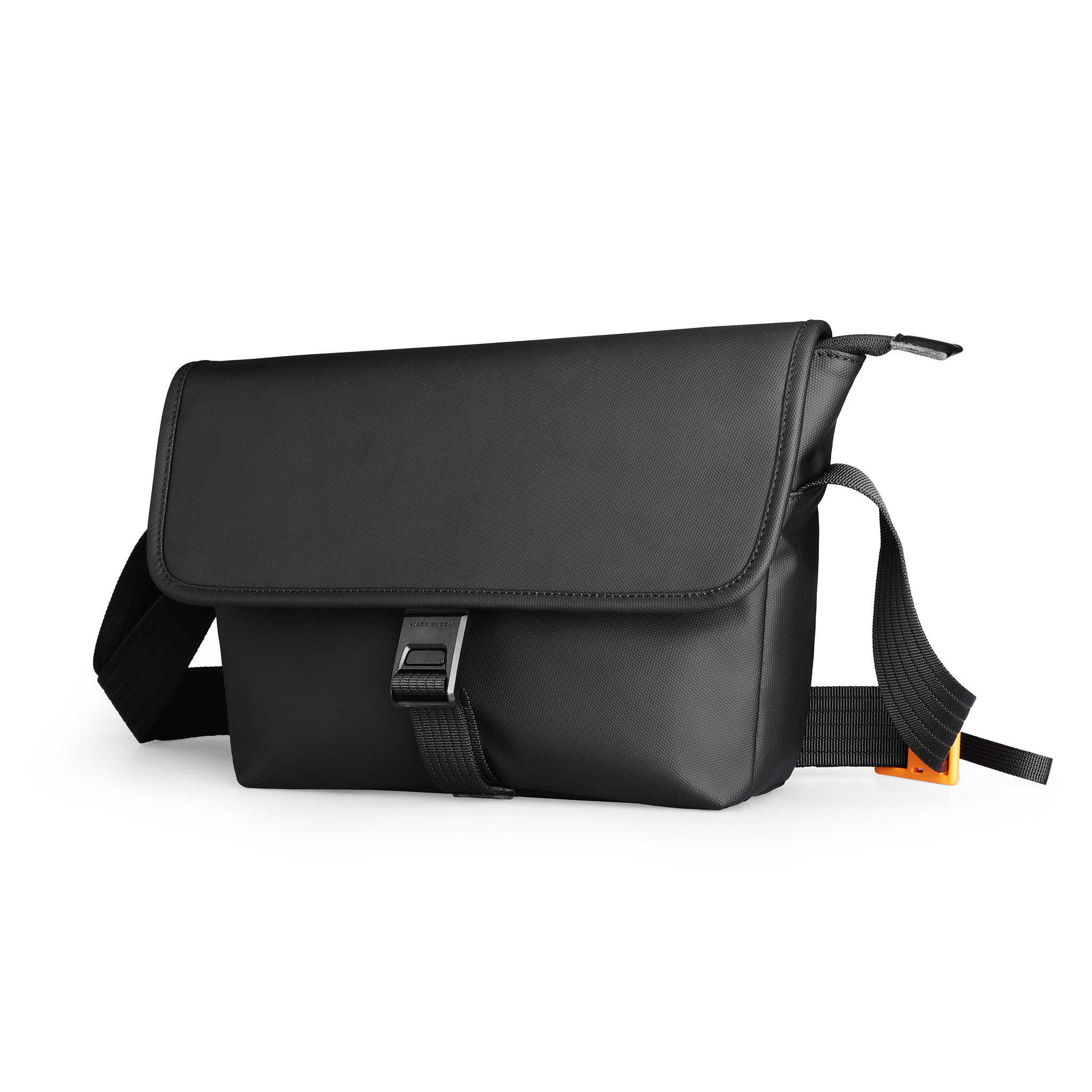 Black business casual crossbody bag with buckle closure by Mark Ryden Global