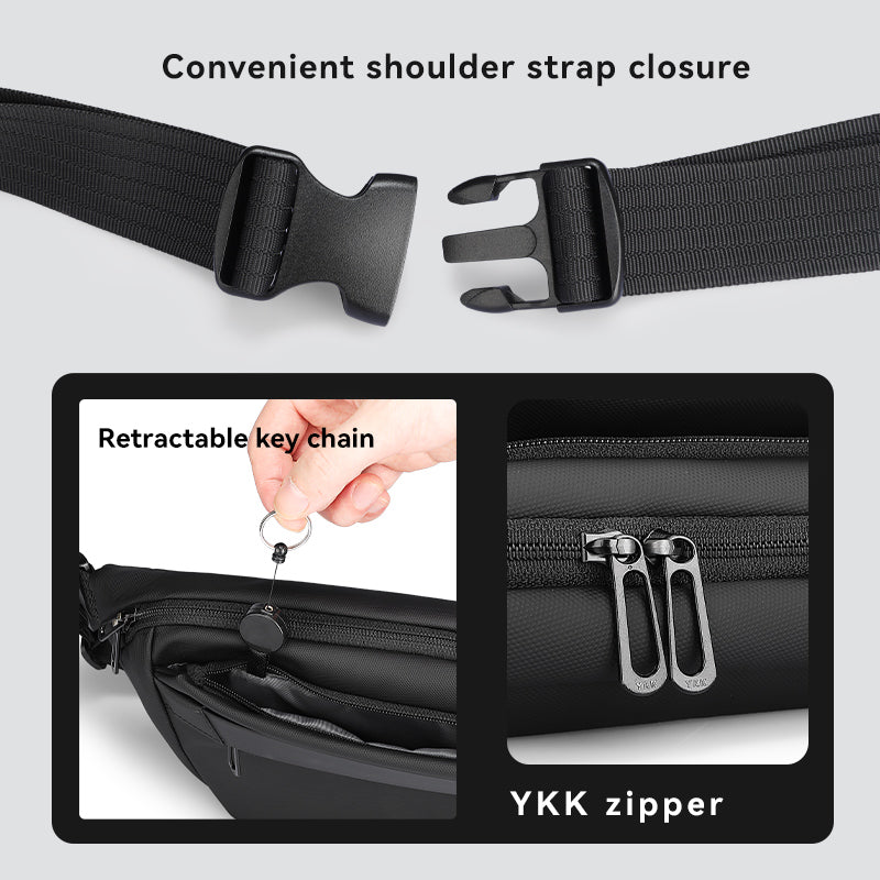 Mark Ryden Global black waterproof crossbody bag with shoulder strap closure, retractable key chain, and YKK zipper