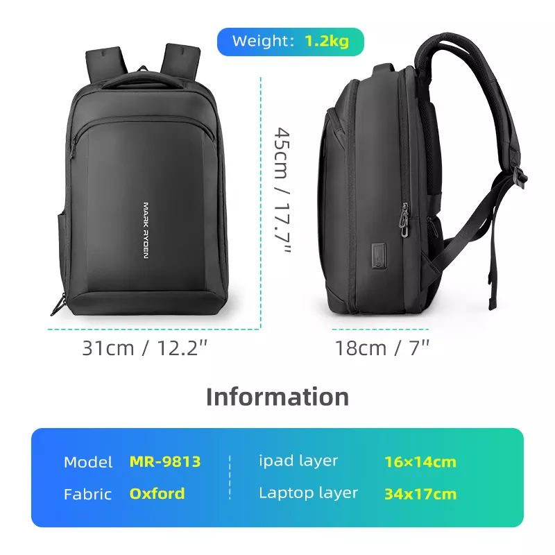 Mark Ryden Slim II black backpack 31×18×45cm capacity commuter bag