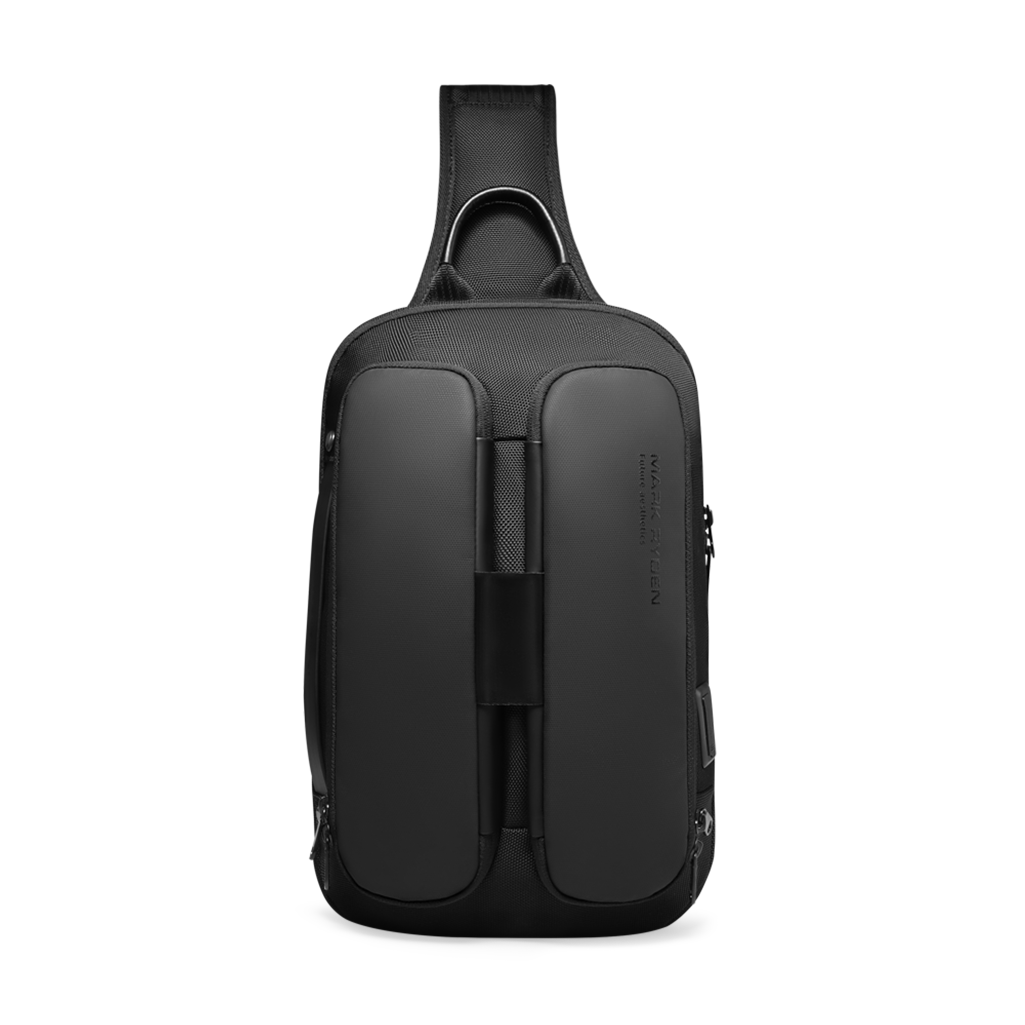 Black Mark Ryden portable crossbody bag with two large front compartments, adjustable strap, and zippered pockets—premium double pack.