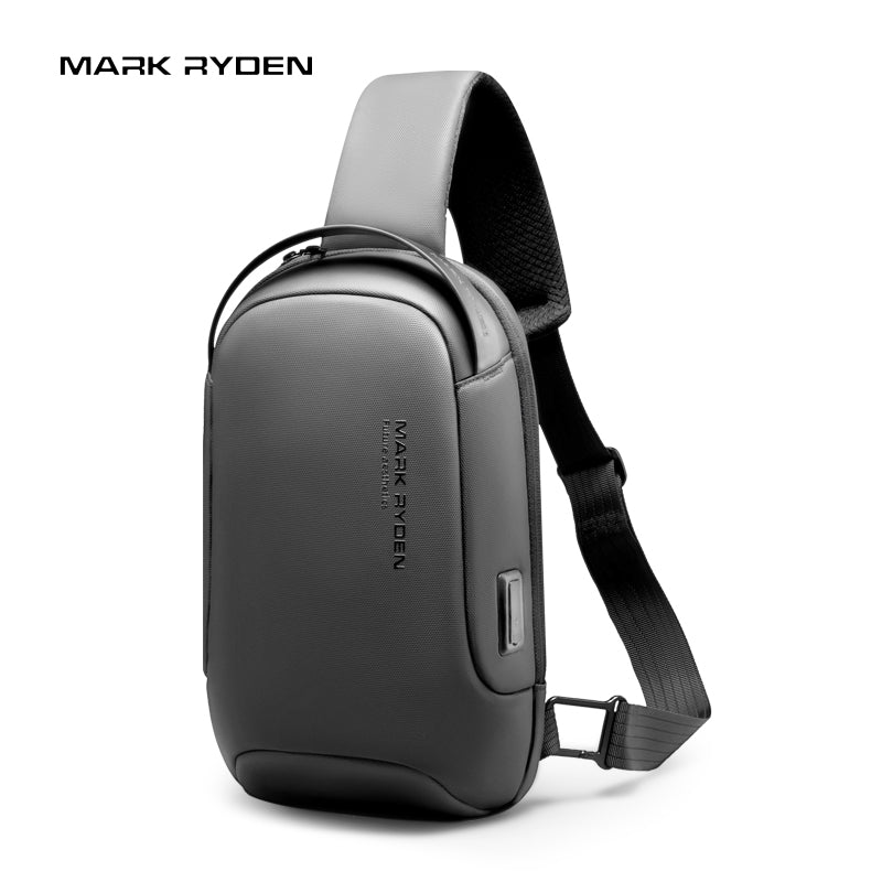 Mark Ryden gray anti-theft sling bag with USB port, adjustable strap, hidden pockets