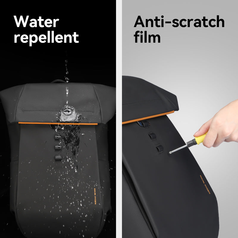 Black 28L multi-functional backpack with orange trim, demonstrating water repellent (water splashing) and anti-scratch film (screwdriver application)