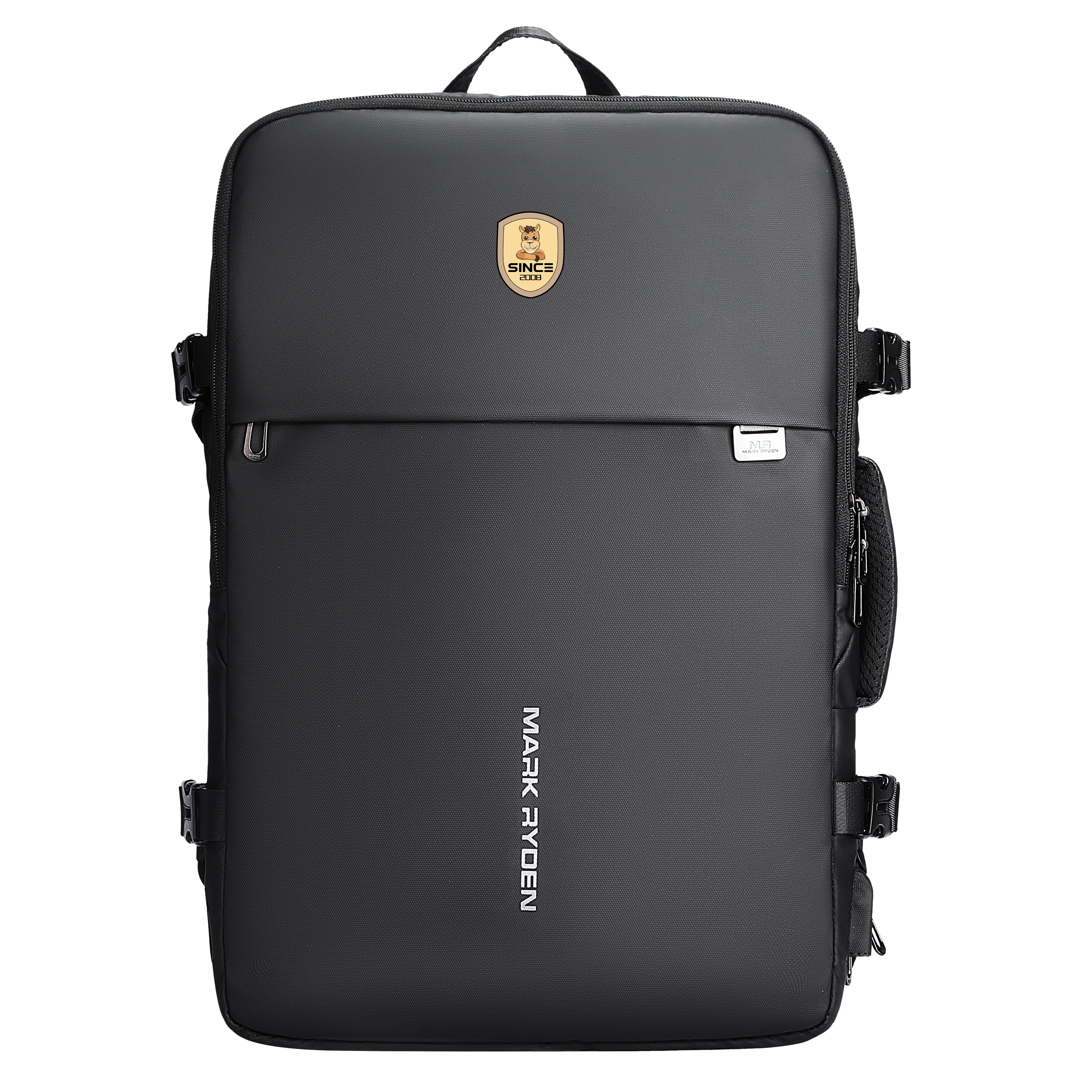 Mark Ryden black anti-theft backpack with logo, secure buckles, modern design