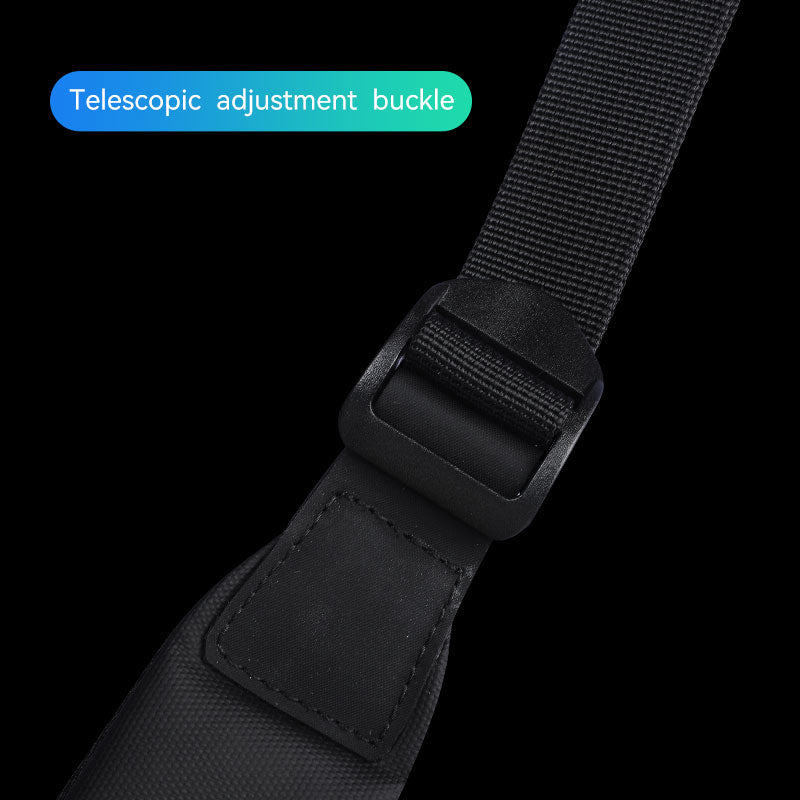 Close-up of black telescopic adjustment buckle on Harvey leather waterproof multifunction messenger bag strap