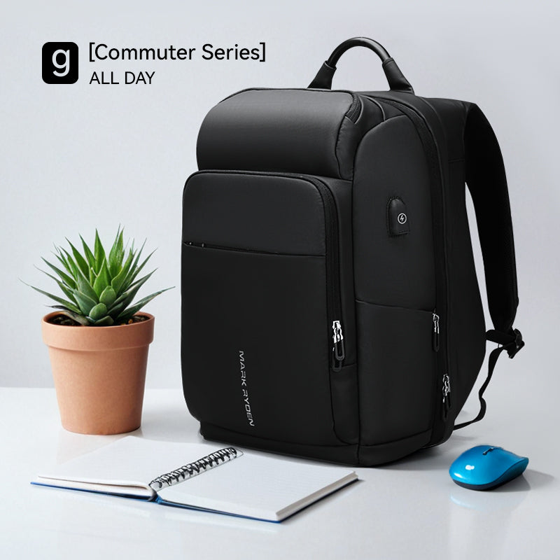Black Mark Ryden Compacto laptop backpack with USB port, multiple zippers, and spacious compartments for 15.6/17.3 inch laptops, part of Commuter Series for daily use.