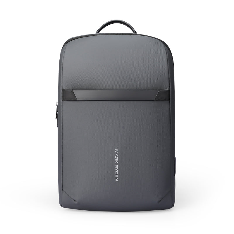 Voyager Pro lightweight gray backpack with sleek design, front zip pocket, and Mark Ryden branding—ideal for commuters with compact footprint.