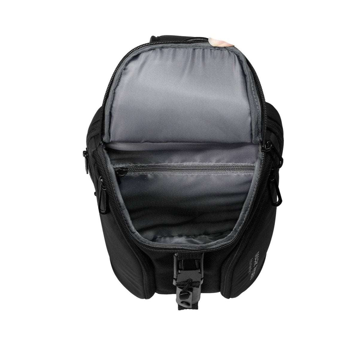 Mark Ryden Mini Adventurer black crossbody bag with gray interior pockets
