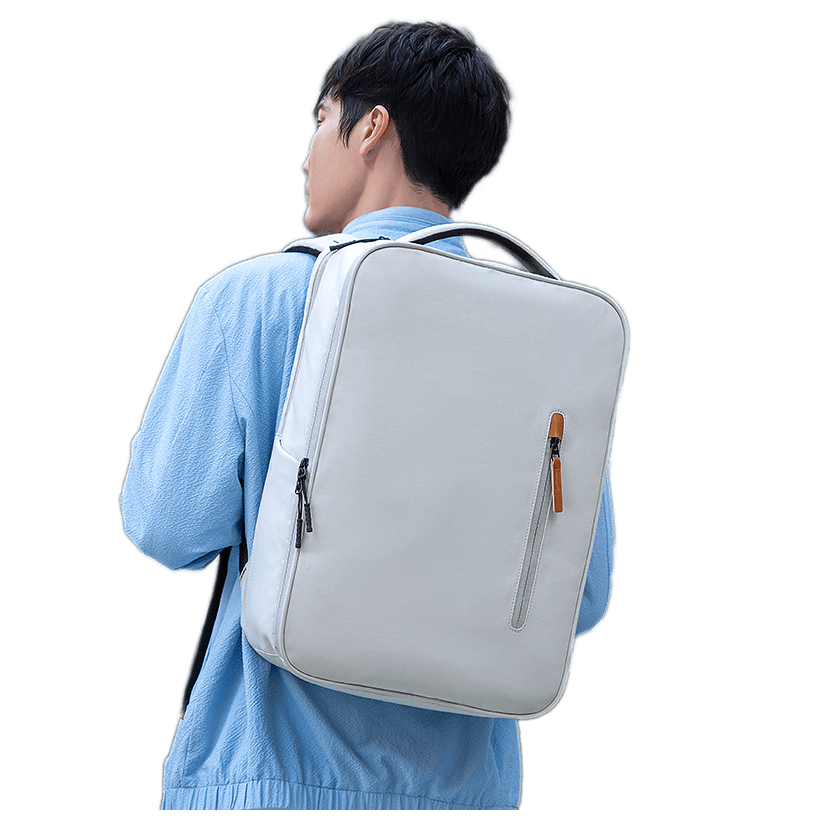 MARK RYDEN Global: Light gray laptop backpack with zip pockets, worn by man in blue clothing