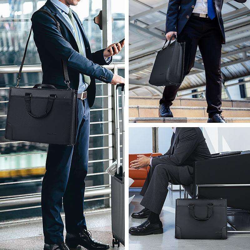 Mark Ryden Classic II black business crossbody briefcase, 15.6" laptop, shown with travelers at airport terminal