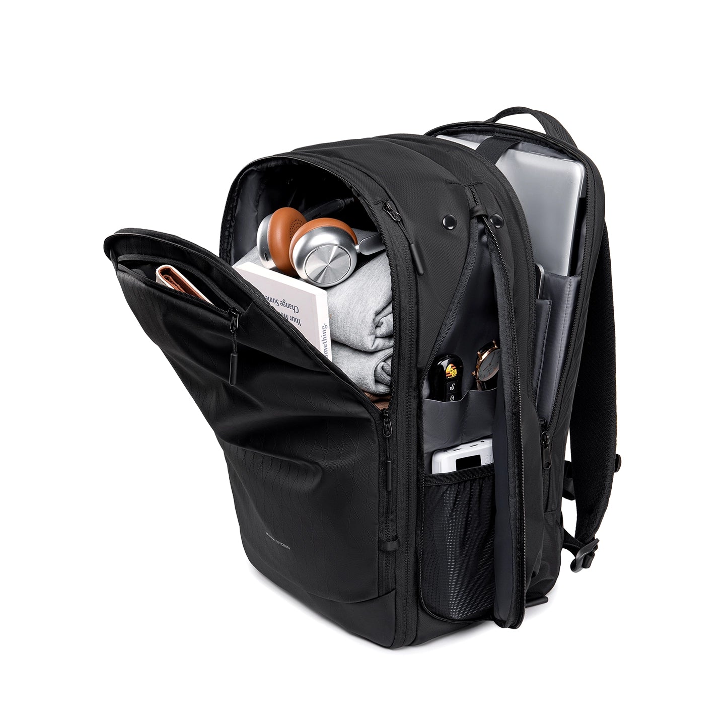 MARK RYDEN Globalist 3-in-1 tech travel backpack with 180° clamshell opening, black, showing headphones, clothes, laptop