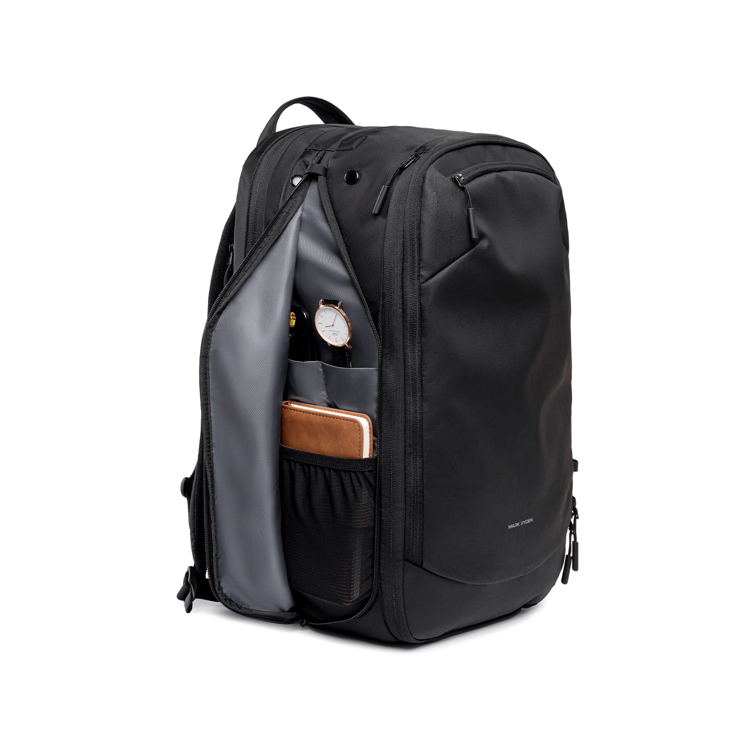 Mark Ryden Globalist black expandable tech travel backpack with clamshell opening, showing interior with watch and notebook
