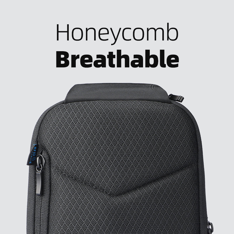 MARKRYDEN ChargeSling Black crossbody bag with honeycomb pattern