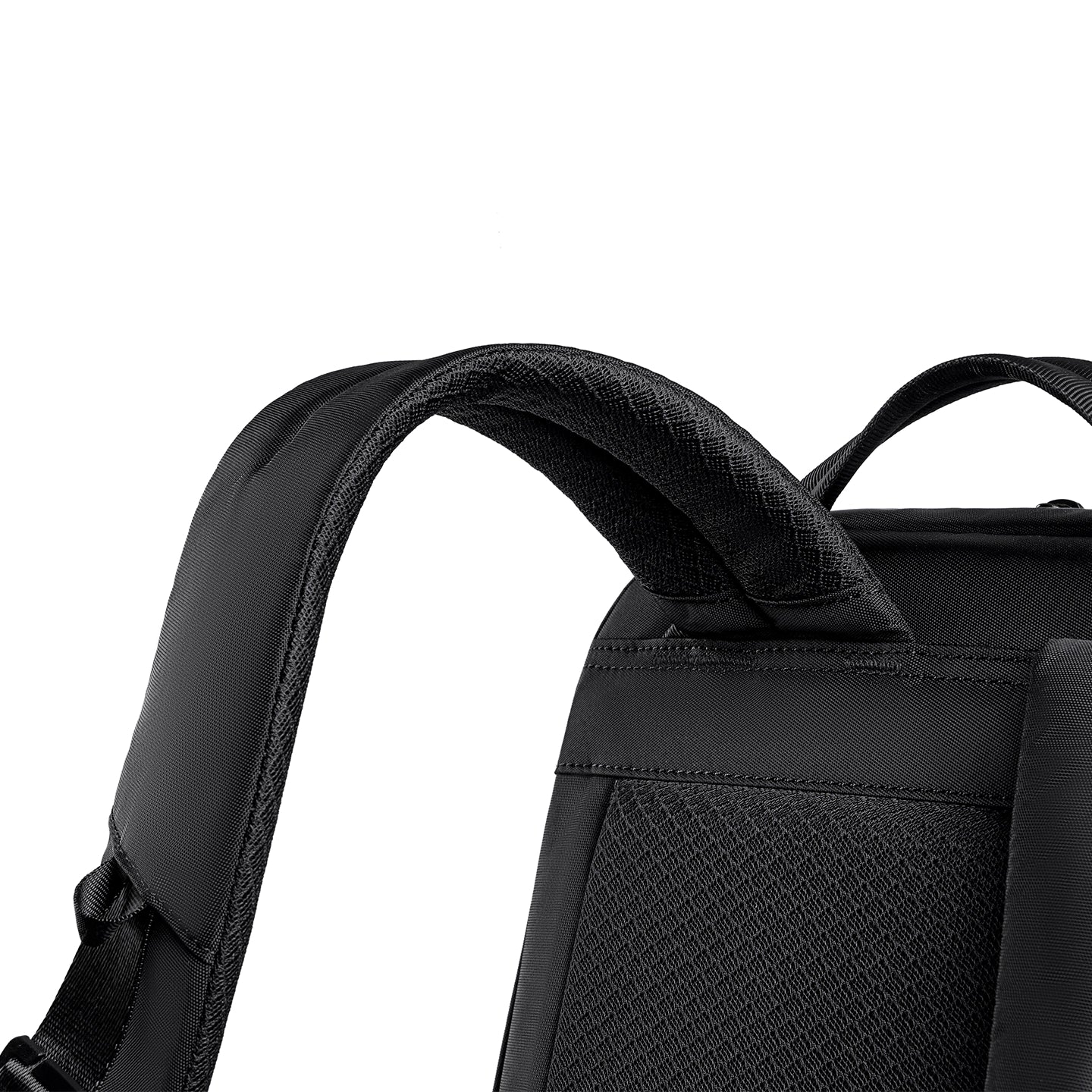 Black Vanguard Splash-Proof Backpack with USB Port, featuring padded textured straps and breathable mesh back panel for commuters.