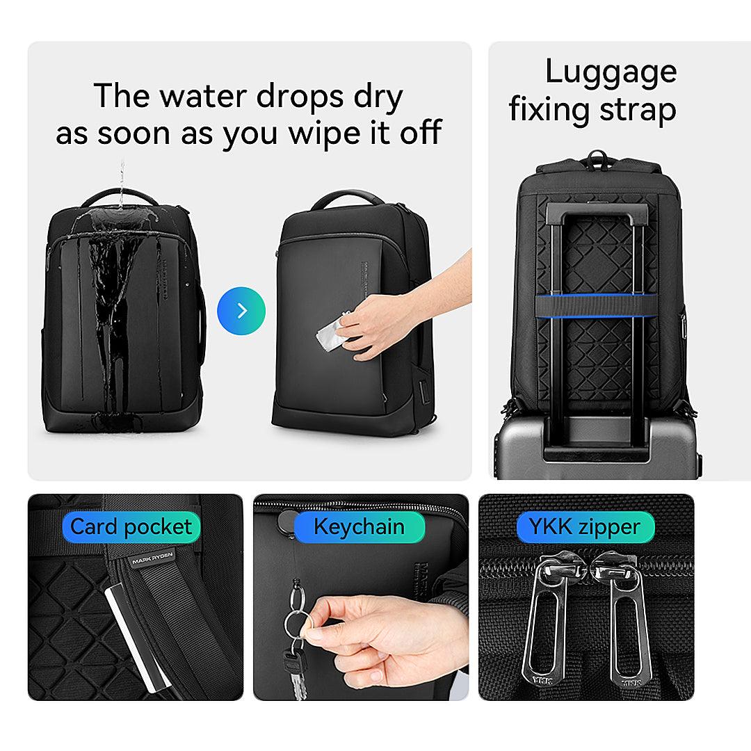 Mark Ryden Global black waterproof business backpack with luggage strap, card pocket, keychain, YKK zipper