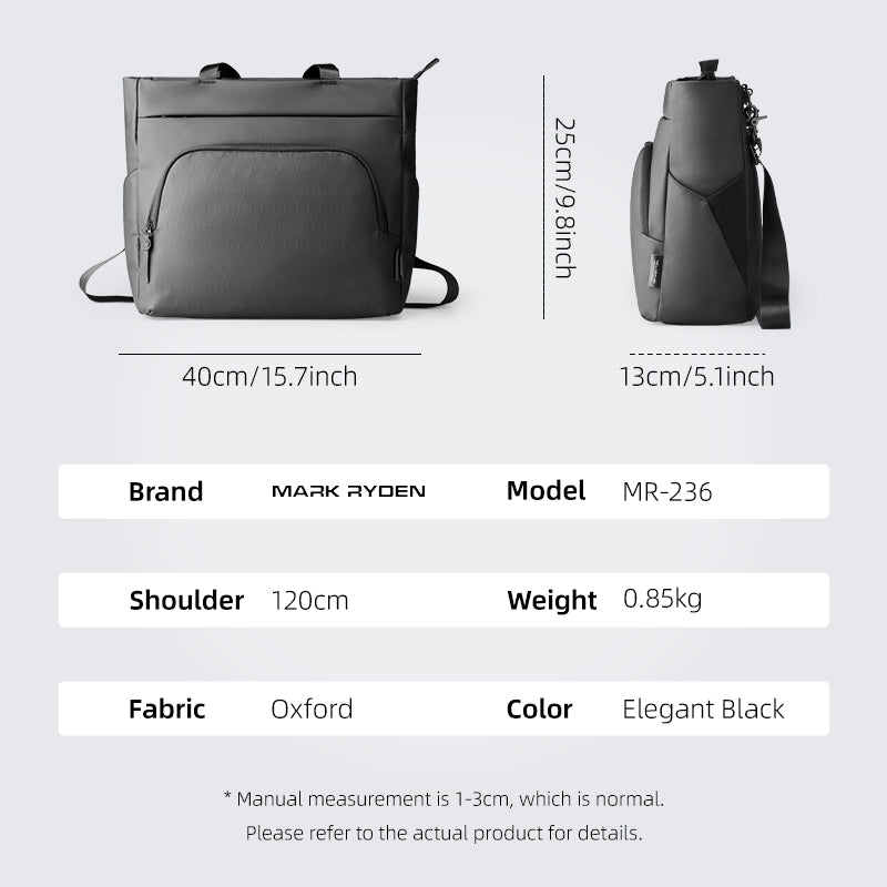 Elegant Black Mark Ryden MetroCourier messenger bag with tech-integrated design, dedicated charger compartment, Oxford fabric, front and side views with dimensions.
