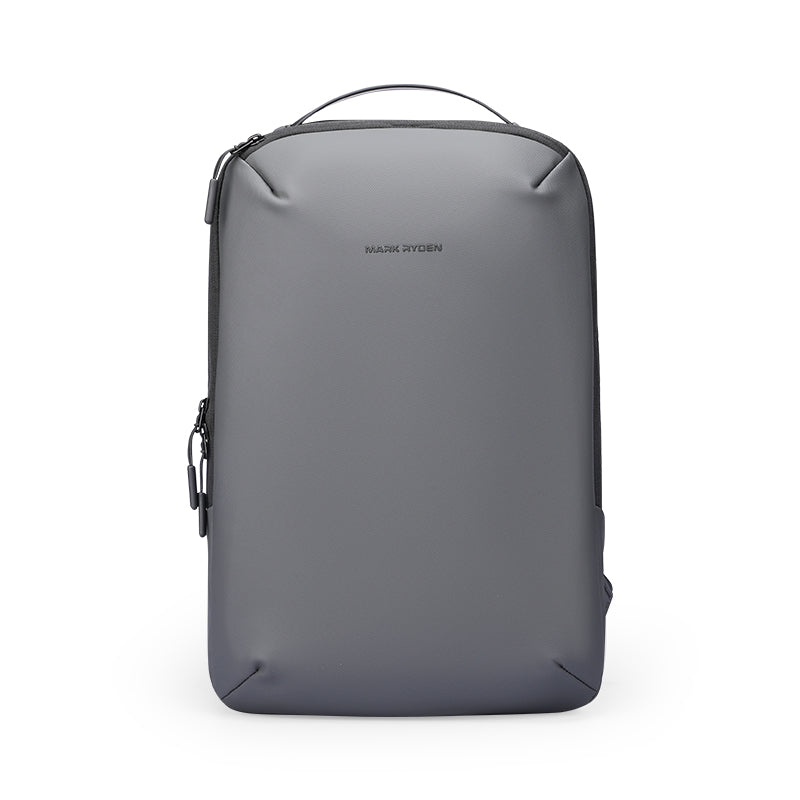Front view of ZenOrganizer compact gray laptop backpack with sleek design, zippers, and top handle by Mark Ryden