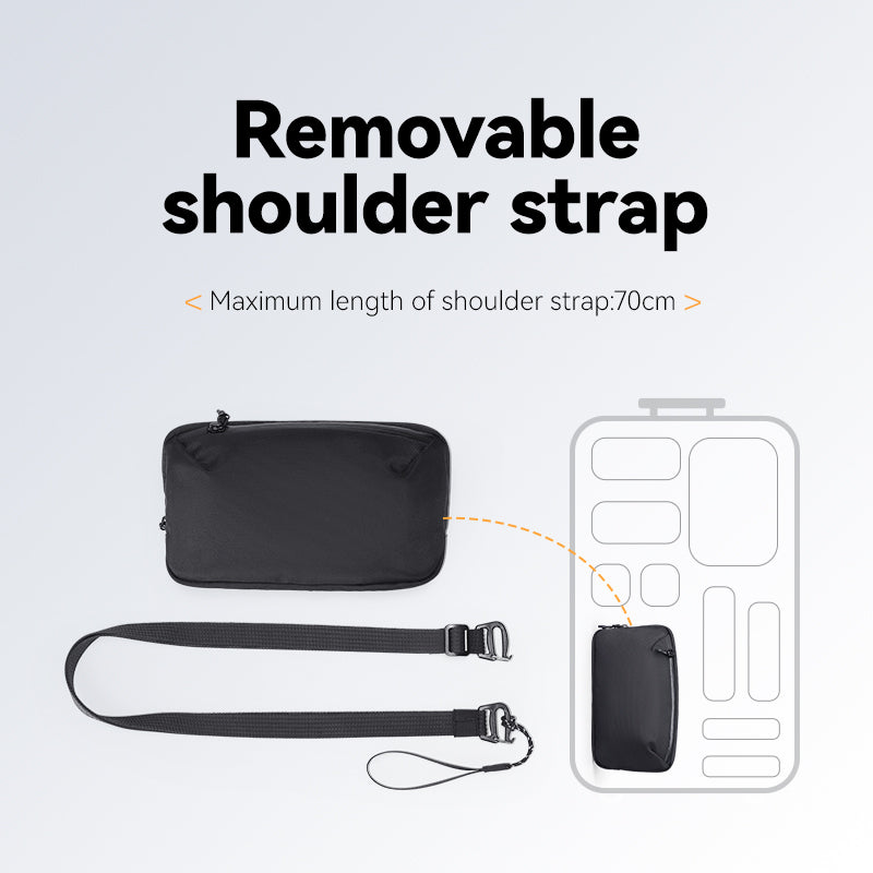 Black Switchstorage IV Convertible Toiletry Crossbody Bag with removable shoulder strap (max 70cm) displayed next to luggage organization layout.