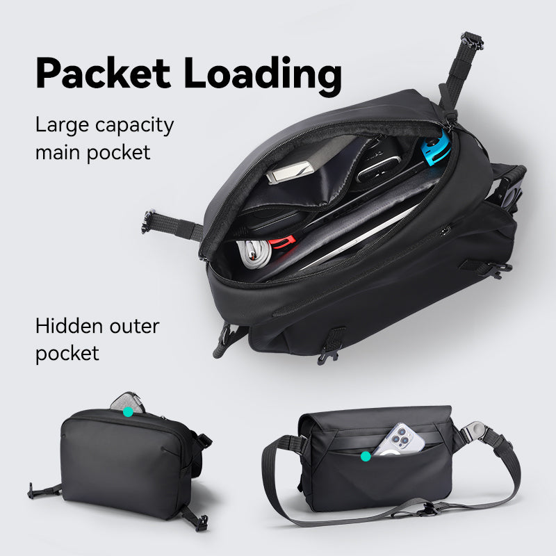 Black waterproof GameFlow sling bag with large main pocket & hidden pocket for urban gamers