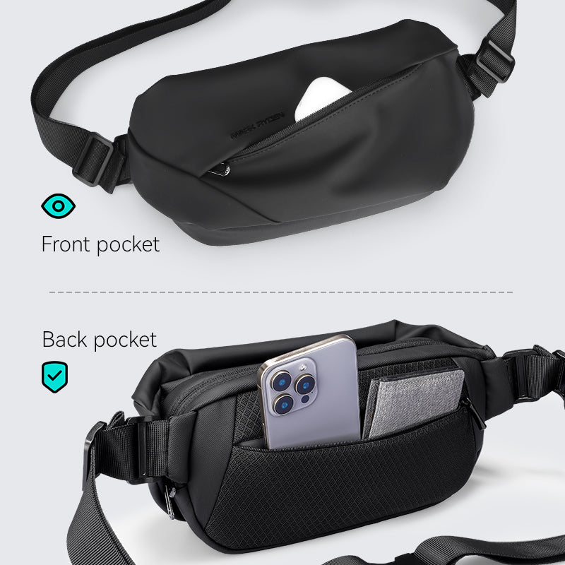 Mark Ryden black waterproof tri-compartment sling pack for commute