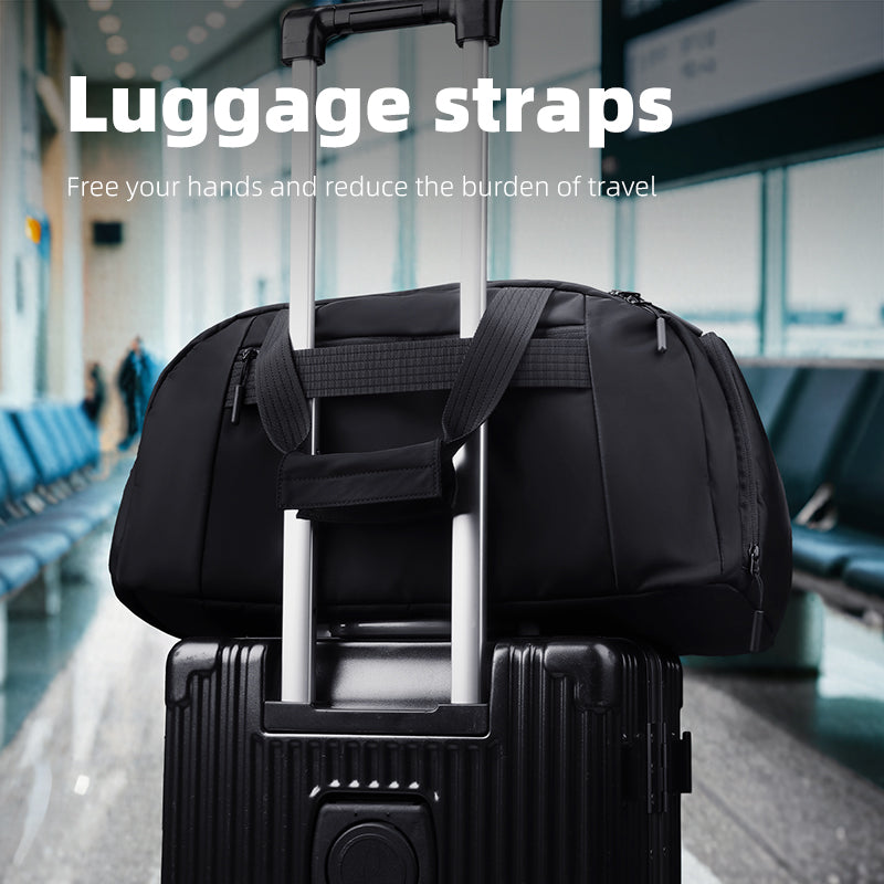 Mark Ryden Global TripVault travel duffel with luggage strap in airport