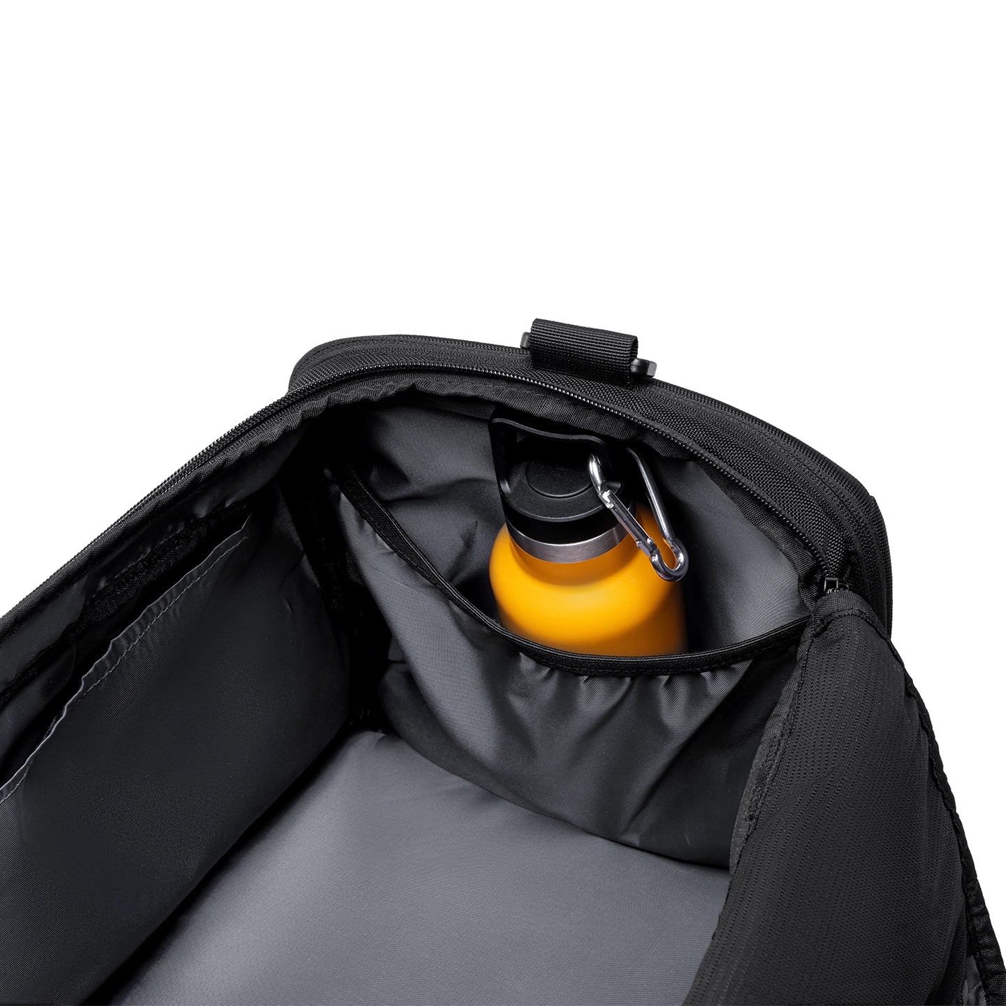 Black Worksman II gym travel duffel interior with yellow water bottle