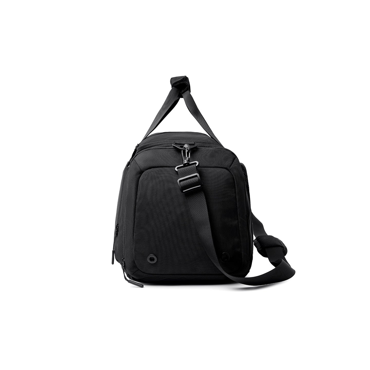 Black Worksman II large-capacity gym & travel duffle featuring wide-open design, shoe compartment, and adjustable straps.
