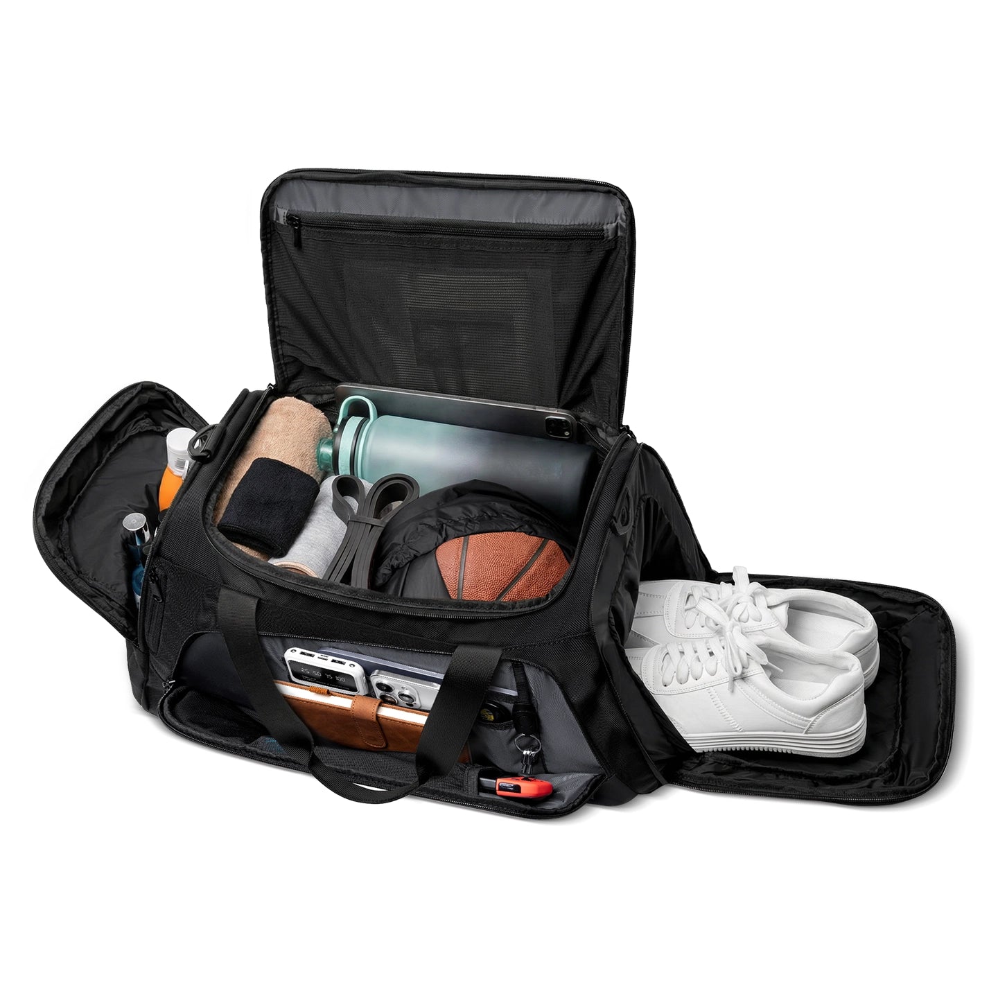 Worksman II black gym travel duffel with wide open design, shoe compartment, gym items inside