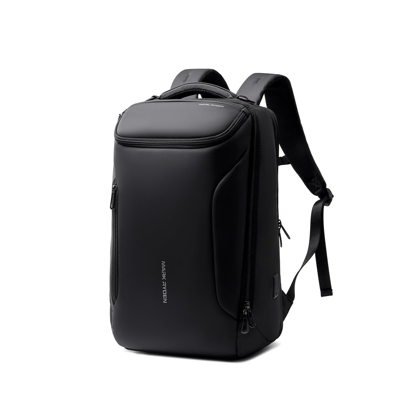 Black MarkRyden Compacto Pro backpack with futuristic design, multiple zippered compartments, and large capacity for daily use.