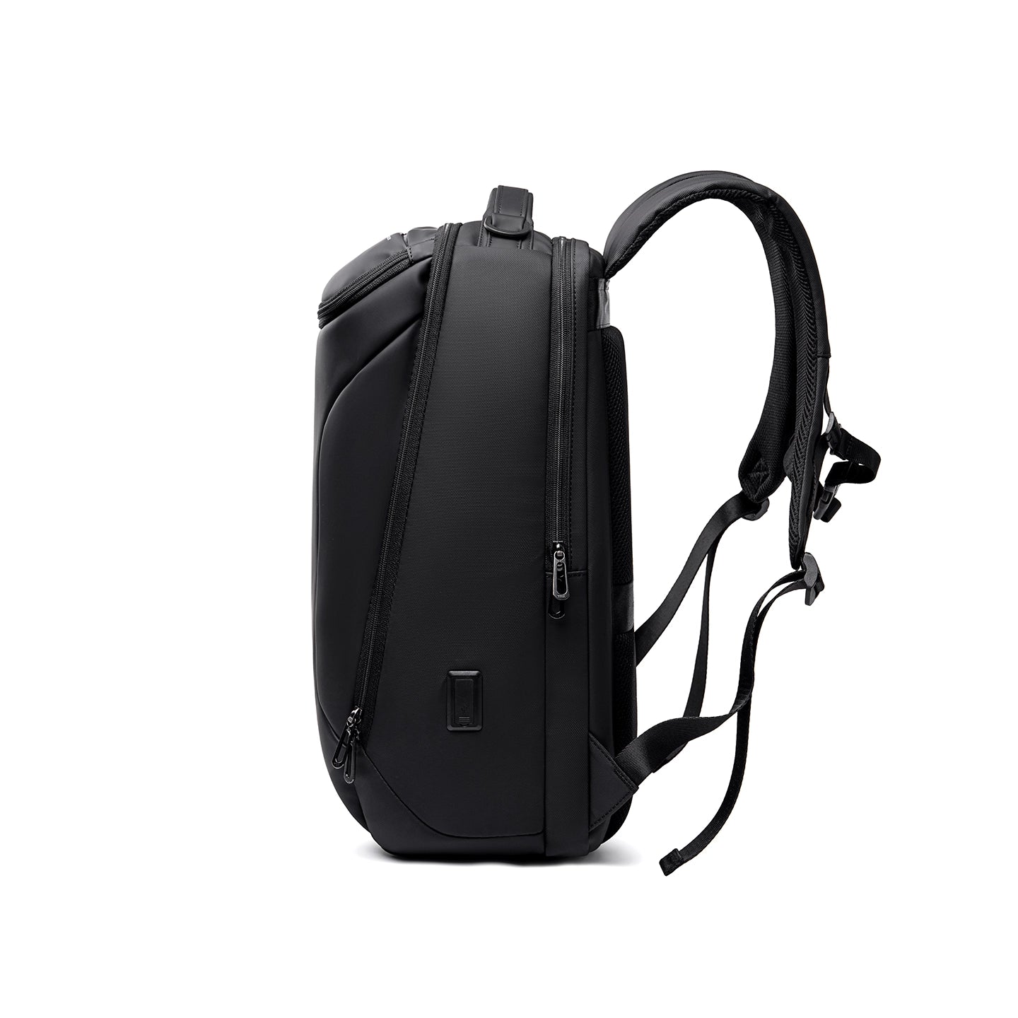 Compacto Pro: MarkRyden's top-selling black daily backpack with futuristic design, multiple zippered compartments, and padded straps for large capacity.