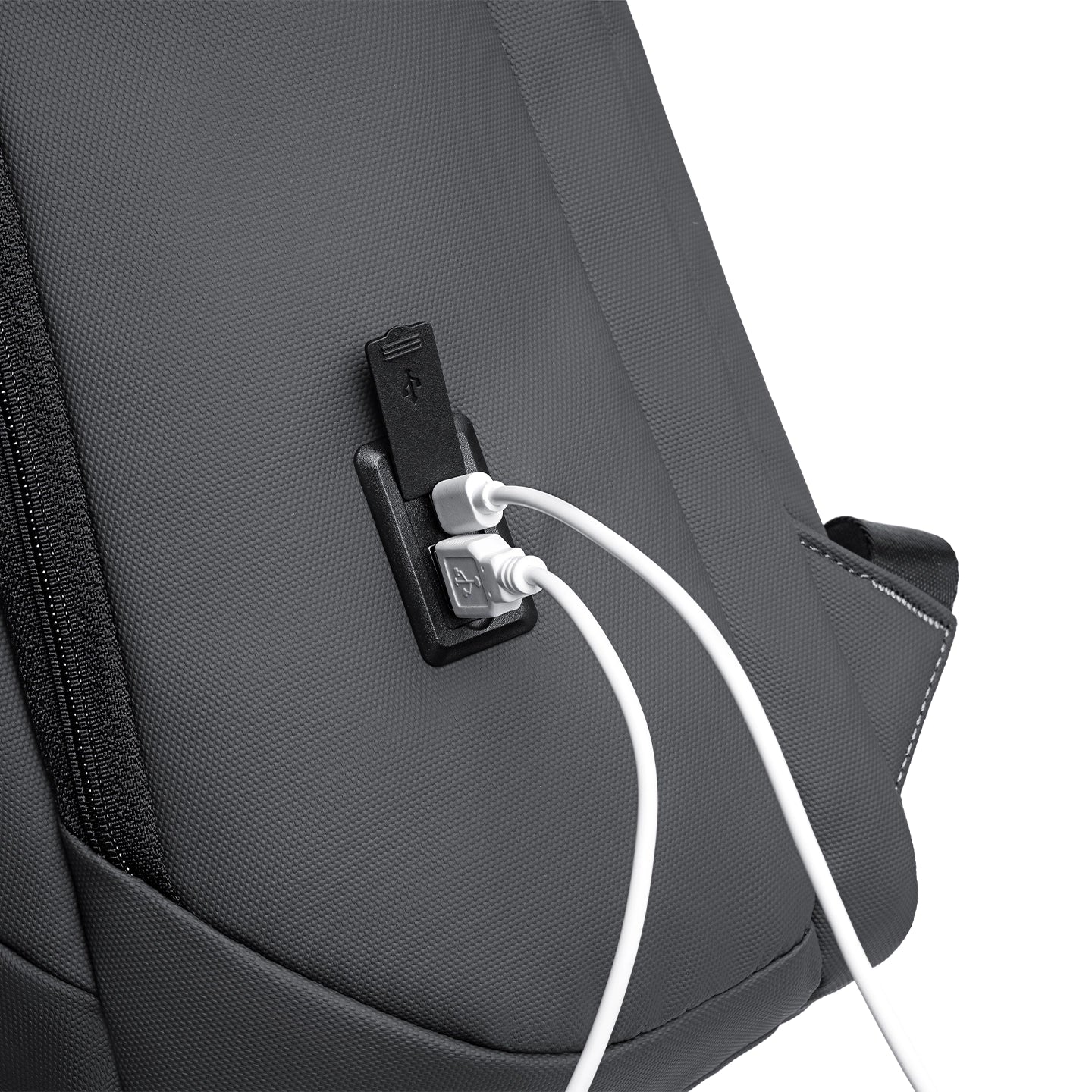 Gray MarkRyden Compacto Pro backpack with USB charging port and white cables - modern daily bag