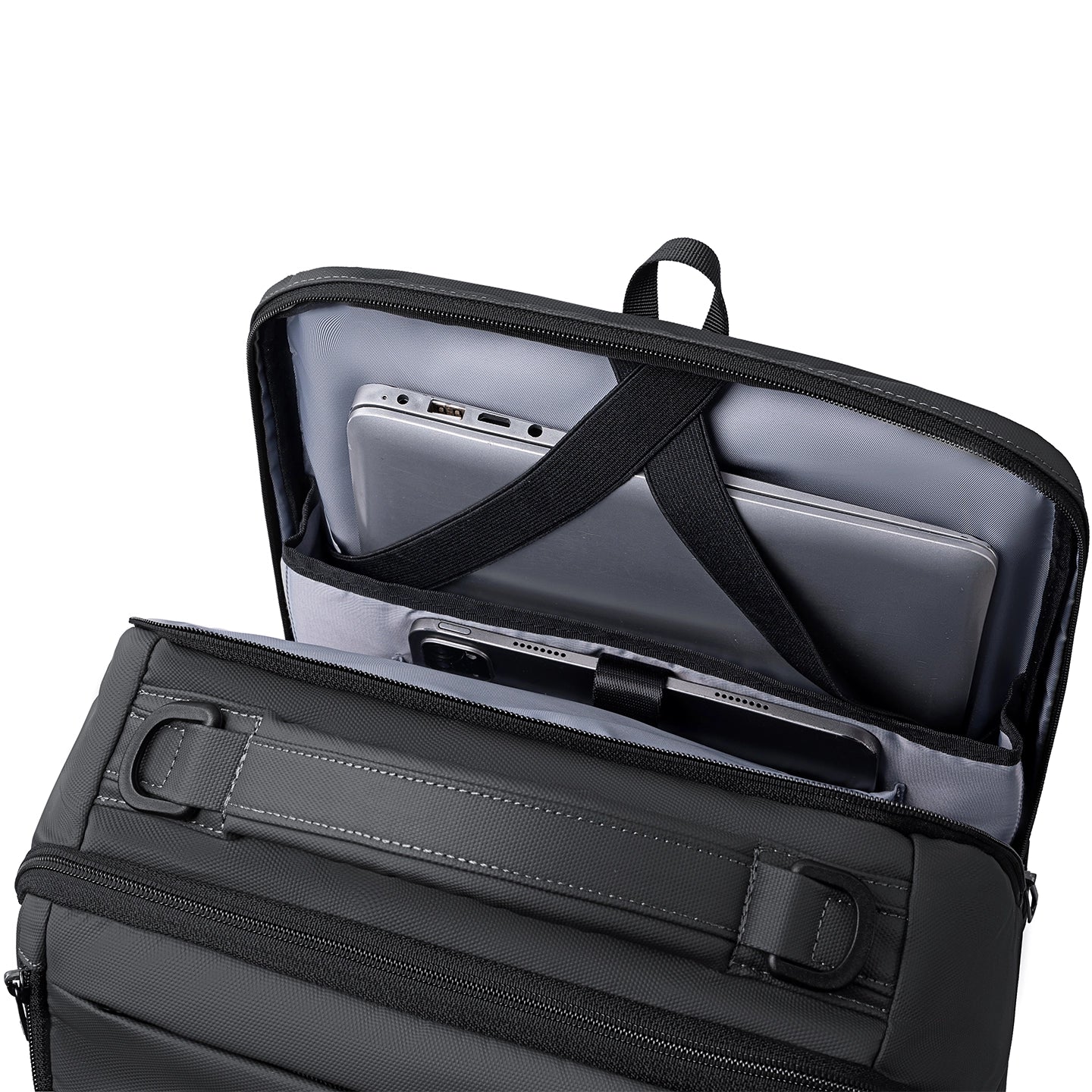 Mark Ryden Compacto Pro black backpack with laptop/phone compartments, futuristic design, large capacity daily bag