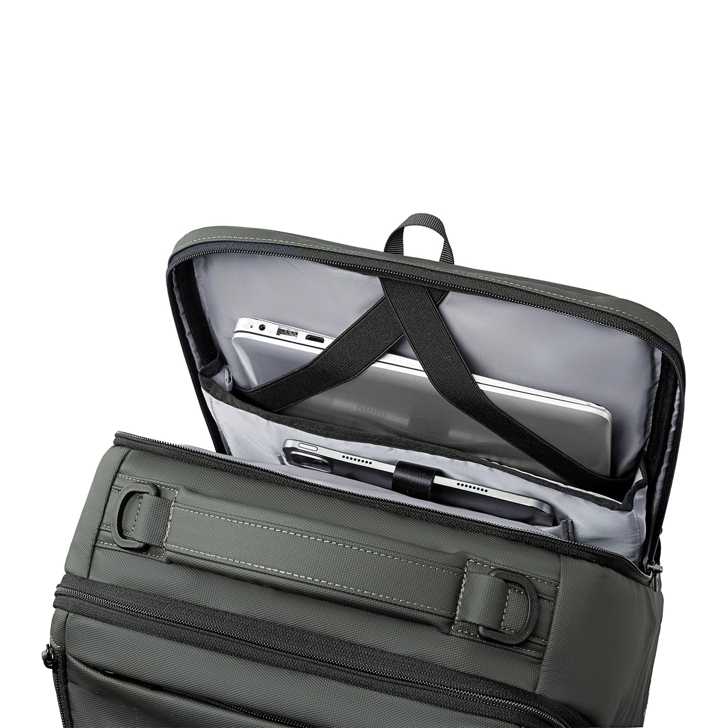 Gray Mark Ryden Compacto Pro backpack interior with tablet, phone, secure straps, large capacity