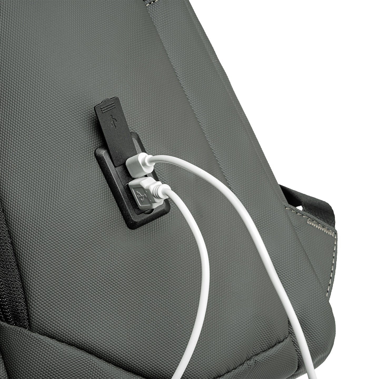 Gray Mark Ryden backpack with USB charging port & cable, futuristic daily bag
