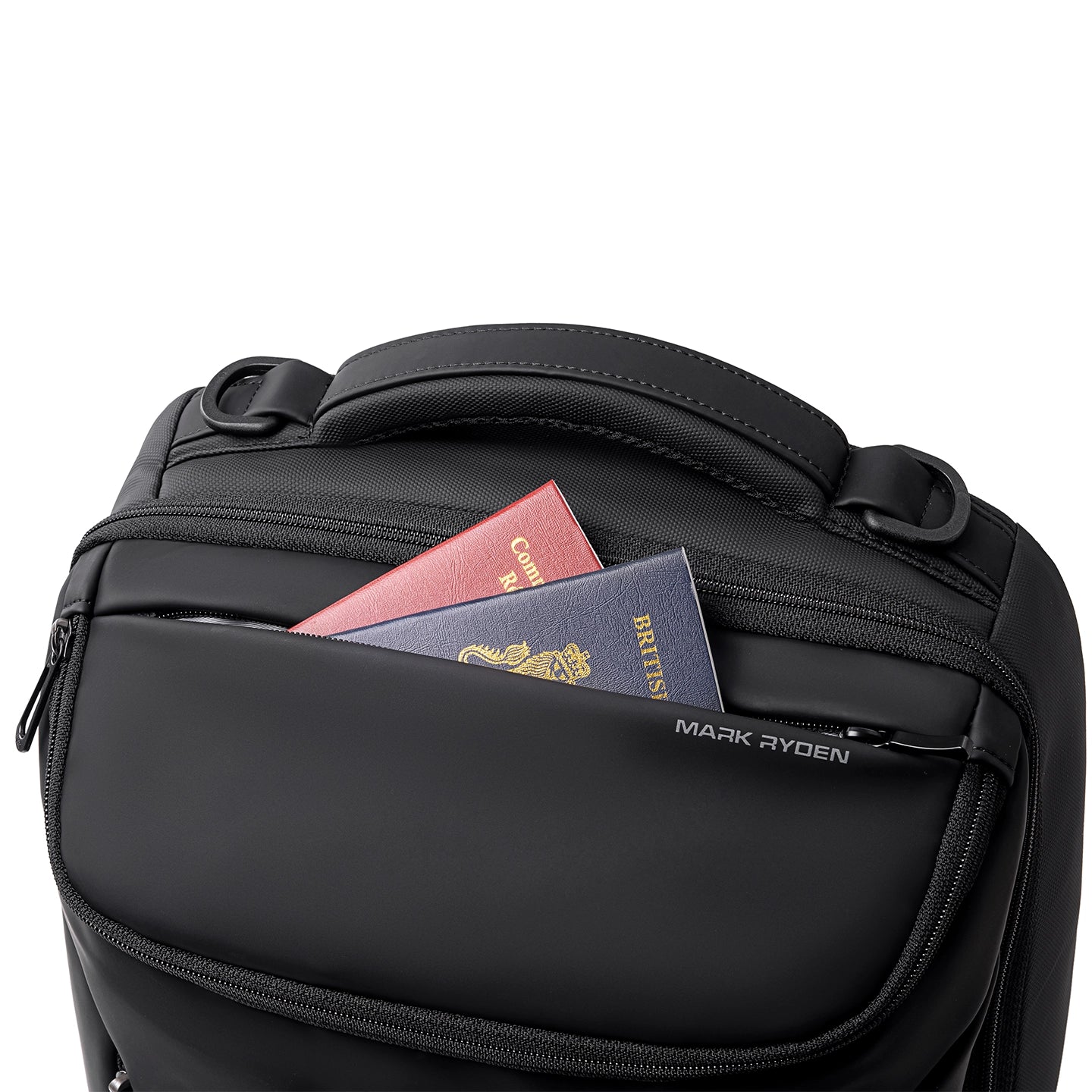Mark Ryden black backpack with red/blue passports in front pocket - daily travel bag