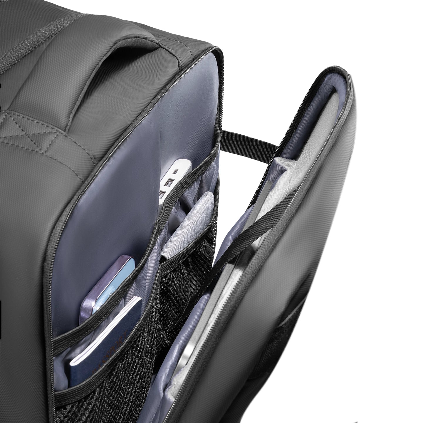 Dark gray Mark Ryden anti-theft compression backpack with organized interior