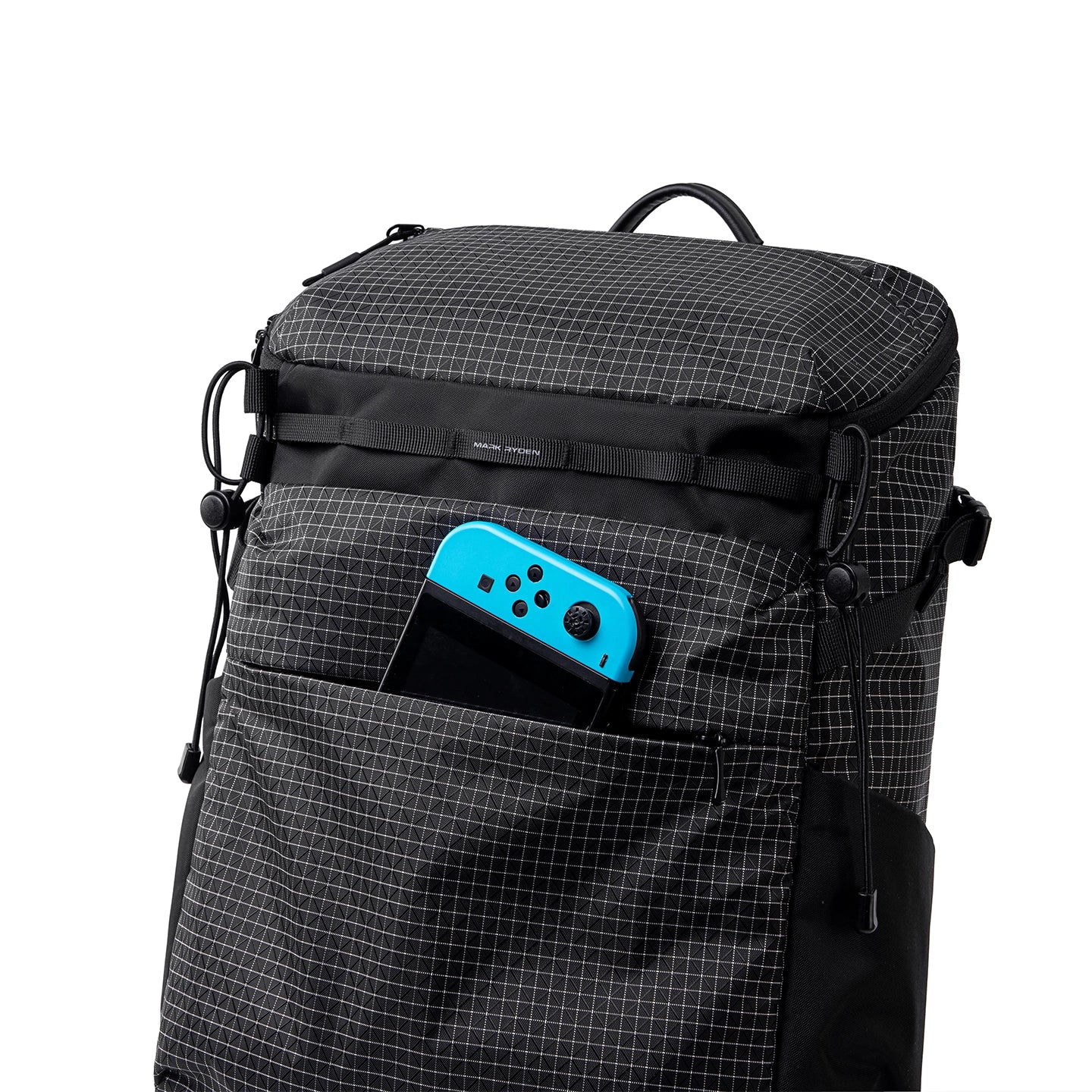 Black grid-patterned Mark Ryden AeroPro 17.3" laptop backpack with blue gaming controller in front pocket