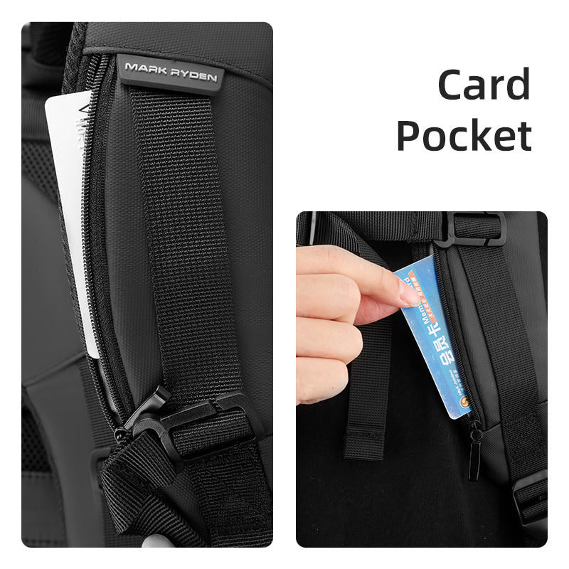 Mark Ryden black multifunctional backpack card pocket with hand inserting card