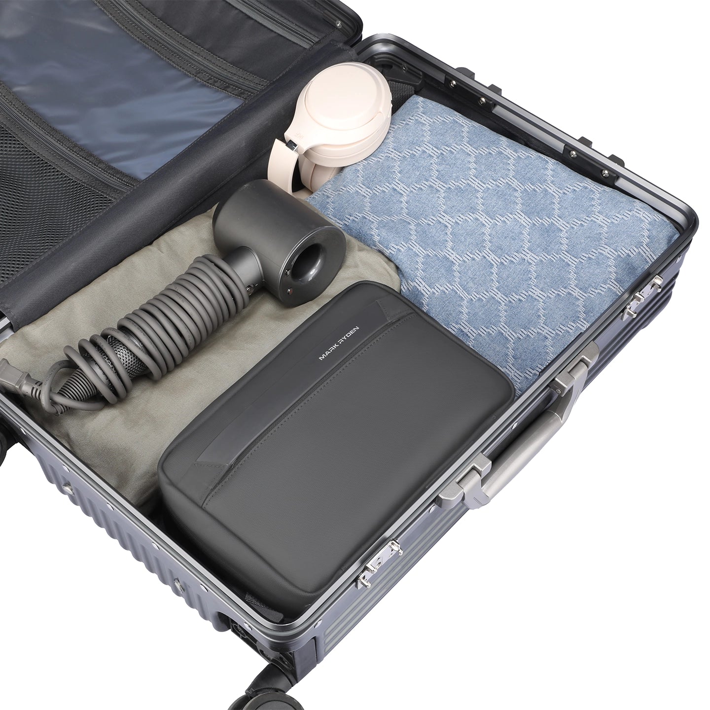 Mark Ryden compact multi-layer washbag in travel suitcase with accessories