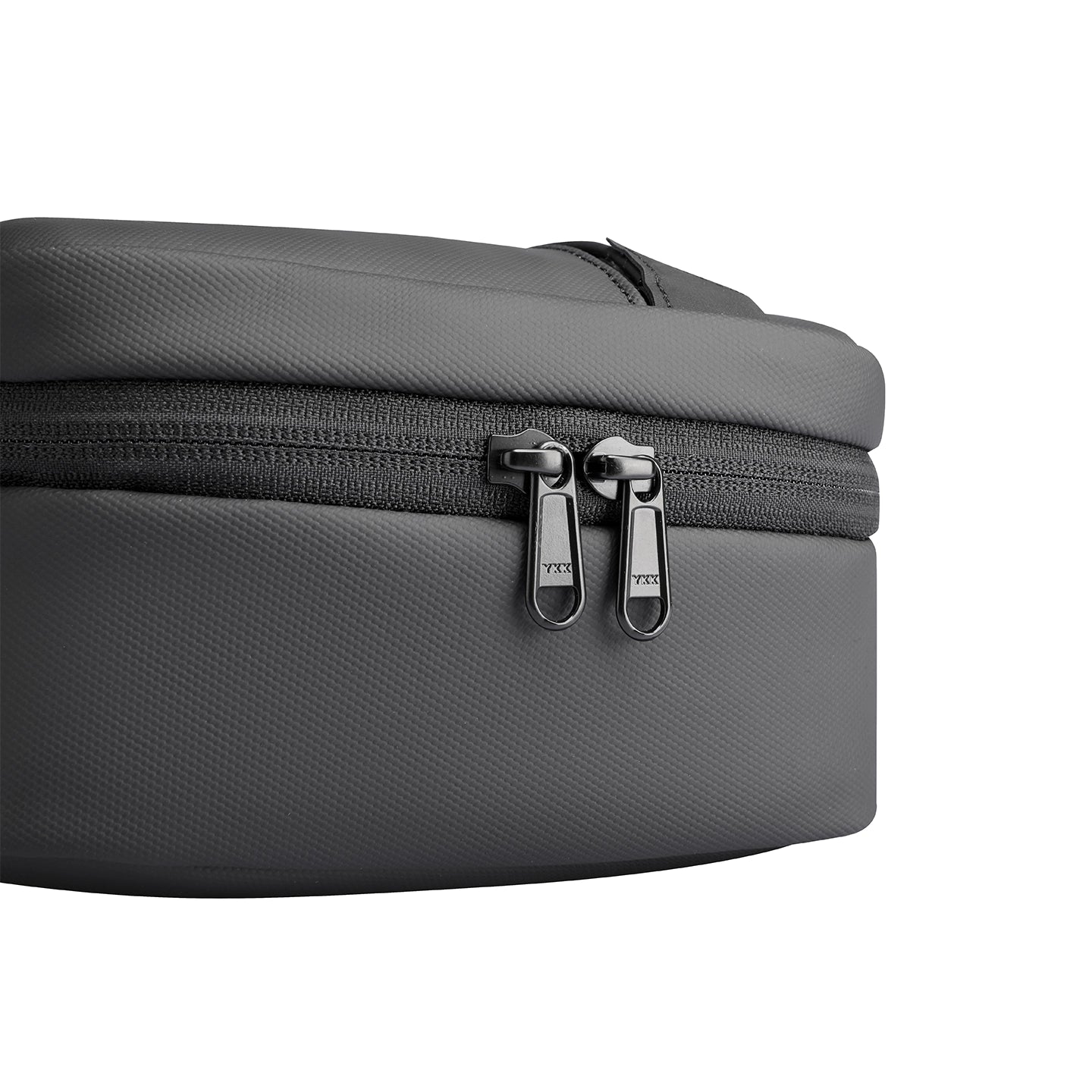 Compact gray multi-layer paged washbag with textured surface and YKK zippers, offering large capacity for travel essentials.