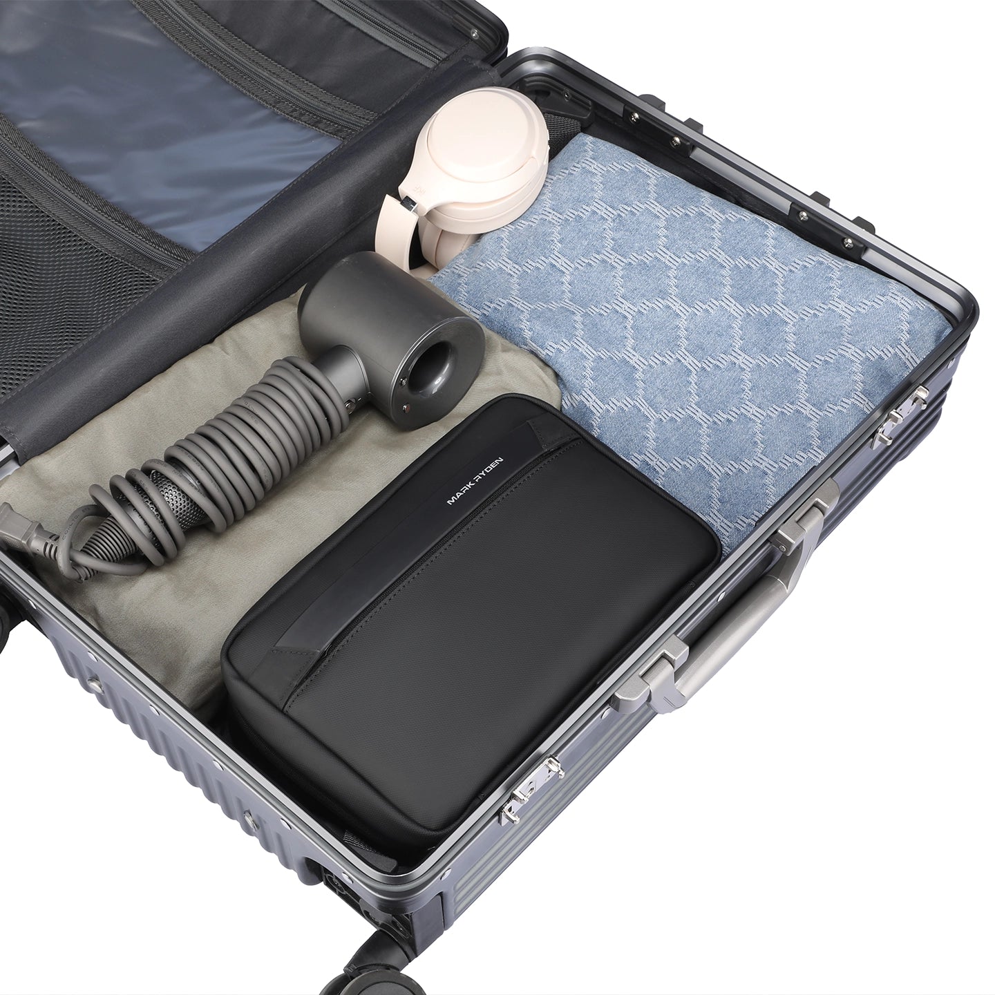 Mark Ryden compact washbag with accessories in travel suitcase